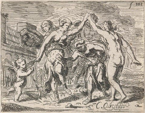 Dancing women and Amor, Catharina Questiers, 1654 Canvas Print