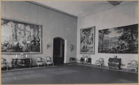 Room with objects on a wall under which cupboards and chairs stand, 1947 Canvas Print