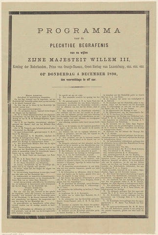 Program of the funeral of William III, King of the Netherlands, on December 4, 1890, J. Waltman (II), 1890 - 1892 Canvas Print