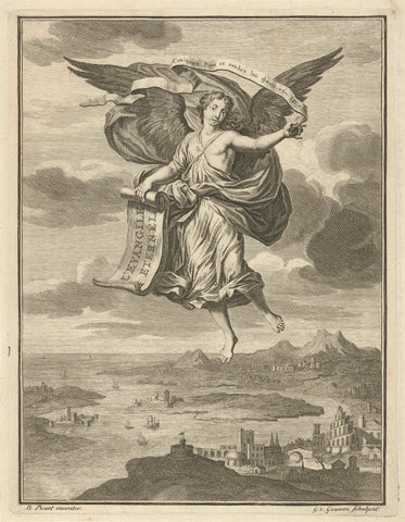 Flying angel in a landscape, Gilliam van der Gouwen, 1703 Canvas Print