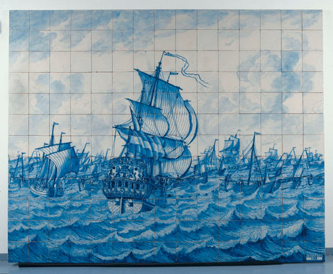 Tile Panel depicting the Warship Rotterdam and the Herring Fleet, Tegelbakkerij aan de Delftschevaart, c. 1700 - c. 1725 Canvas Print