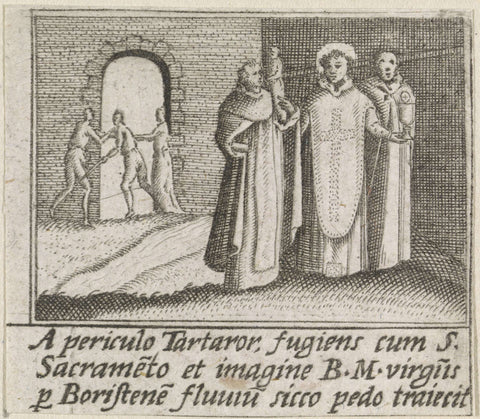 Two monks and Saint Hyacinthus of Poland, Johann Sadeler (I) (possibly), 1595 - 1600 Canvas Print