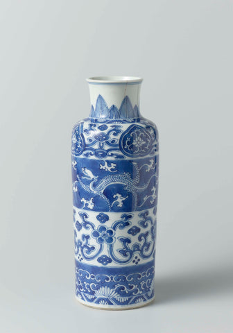 Cylindrical vase with dragons and floral scrolls, anonymous, c. 1700 Canvas Print