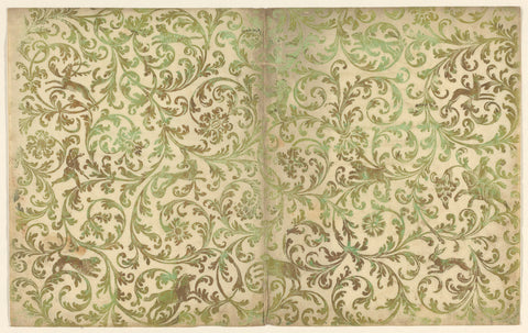 Blad met patroon van jachtscènes tussen bladranken, anonymous, c. 1690 - c. 1730 Canvas Print