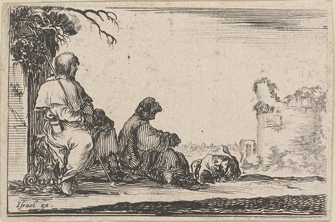 Two sitting pilgrims and a lying man, Stefano della Bella, 1620 - 1664 Canvas Print