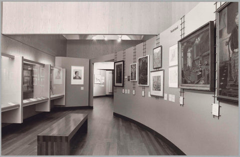 Room with paintings and drawings, left wall display cases and at the back a passage, c. 1990 Canvas Print