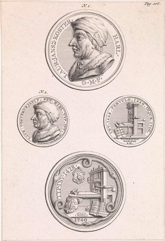 Sheet with the front and back of two tokens made in honor of Laurens Jansz. Coster, Jan Wandelaar, 1740 Canvas Print