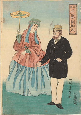 Amerikaans stel met sigaar en parasol, Utagawa Yoshikazu, 1861 Canvas Print