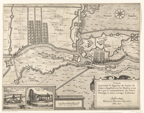 Map with the watermills and the army quarter of the Count of Solms during the siege of Den Bosch, 1629, anonymous, 1630 Canvas Print