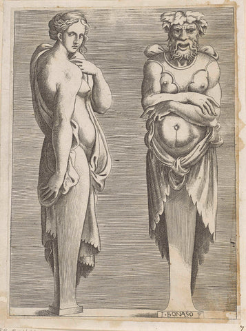 Terms of Silvanus and a nymph, Giulio Bonasone, 1501 - 1580 Canvas Print