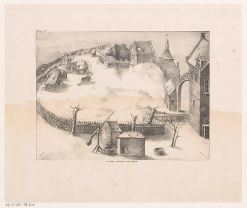 View of a snow-covered and fenced settlement, anonymous, Huibert Horneer, 1835 - 1877 Canvas Print