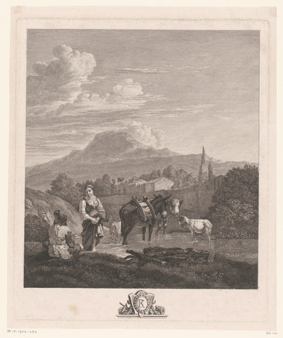 Mountain landscape with shepherds at a watering place, Jacques-Philippe Le Bas, c. 1774 Canvas Print