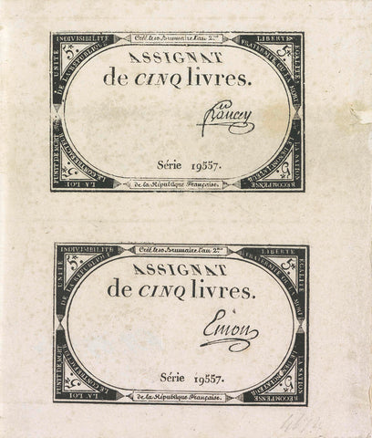 Two assignats of five livres, 1793-1794, Domaines nationaux, 1793 - 1794 Canvas Print