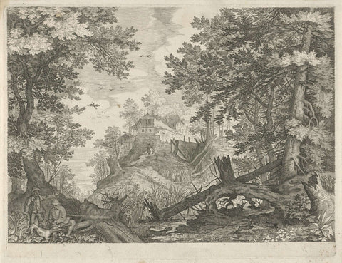 Forest landscape with two hunters and a dog, Aegidius Sadeler, 1609 Canvas Print