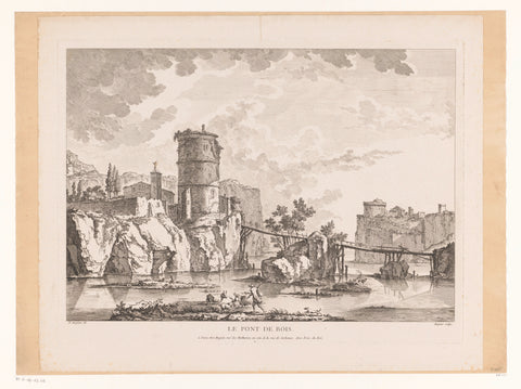 River landscape with a wooden bridge to a dilapidated tower, Gabriel Huquier, 1772 Canvas Print