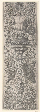 Fragment of candelabra with vases and leaf vines and trophies crowned with chest crest where torch protrudes, Giampietrino Birago, 1500 Canvas Print