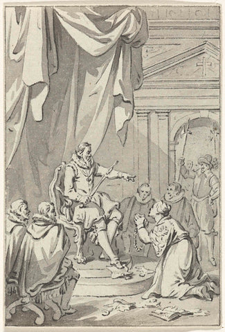 Allegory on the introduction of the tenth badge; the Dutch virgin kneeling before Alva amid torn privileges, 1571, Jacobus Buys, 1778 - 1795 Canvas Print