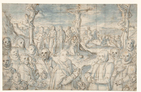 Crucifixion with a founder and his family, Aert Pietersz., 1585 - 1590 Canvas Print