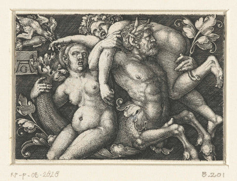 Ornament with triton and two nereids, Heinrich Aldegrever, 1512 - 1560 Canvas Print