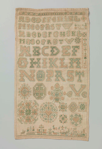 Sampler with embroidery. The embroidery has the initials GCIC, the year 1709, three times the alphabet and various figures, , 1709 Canvas Print
