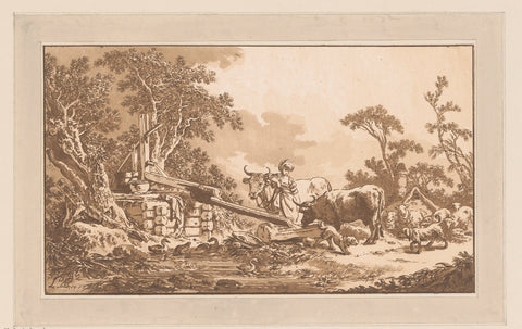 Shepherdess gives cows to drink at a water pump, Jean Baptist Leprince, 1771 Canvas Print