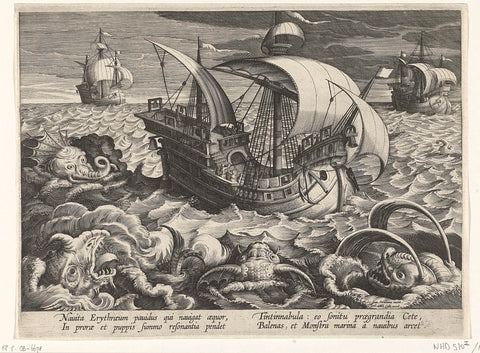 Zeemonsters rond een schip, Adriaen Collaert (attributed to), c. 1594 - 1598 Canvas Print