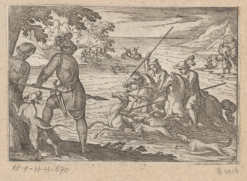 Men and dogs hunt a deer in a river, Antonio Tempesta, 1595 Canvas Print