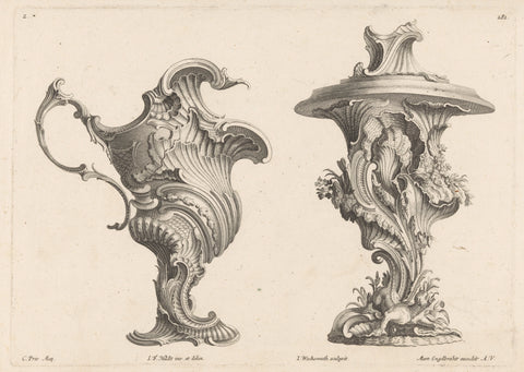 Ornamental vase and ornamental jug with fantasy creature, Jeremias Wachsmuth, 1721 - 1756 Canvas Print