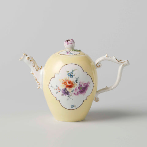 Teapot with lid, multicolored painted with Deutsche Blumen in recessed four-passes in a yellow ground, Meissener Porzellan Manufaktur, c. 1765 Canvas Print