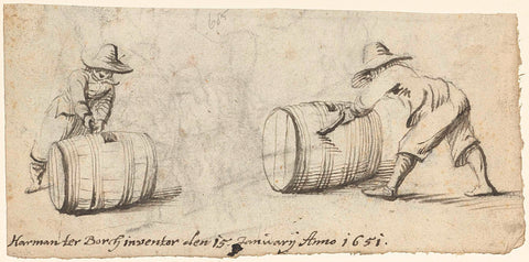 Two studies of a young man rolling with a barrel, Harmen ter Borch, 1651 Canvas Print