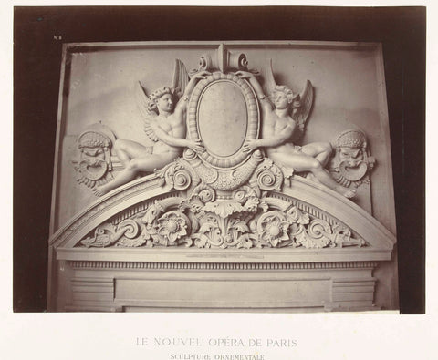 Relief above the door jamb where male angels are placed next to a medallion and above ornaments., Louis-Emile Durandelle, c. 1878 - 1881 Canvas Print