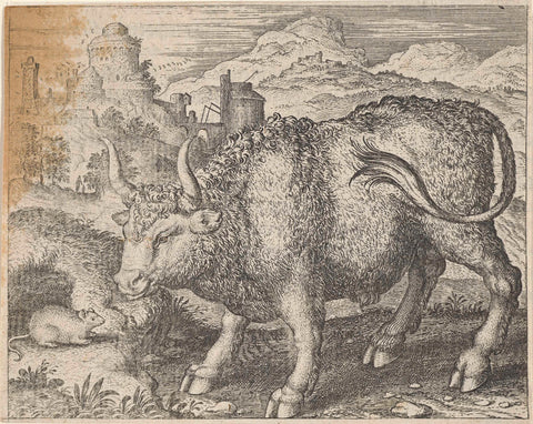 Fable of the Bull and mouse, Aegidius Sadeler, 1608 Canvas Print