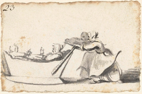 Two women push a sled with two children, Harmen ter Borch, c. 1651 Canvas Print