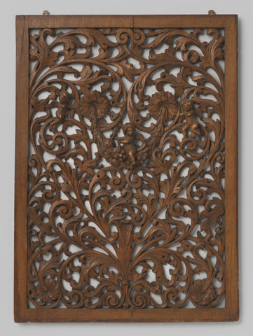 Panel with openwork symmetrical ornament of acanthus vines with flowers and putti and in the middle an eagle and putto on fess, anonymous, c. 1650 - c. 1700 Canvas Print