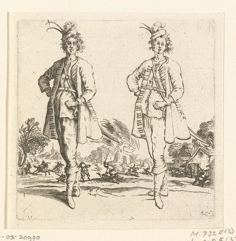 Twice the same soldier with small plumed hat and hand in the side, seen from the front, Jacques Callot, 1621 - 1624 Canvas Print