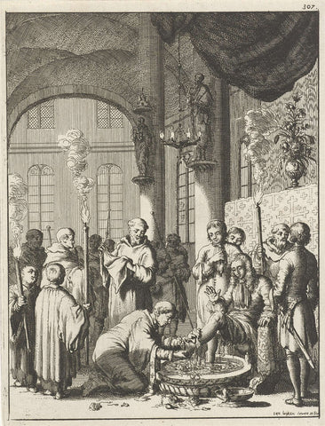 Foot washing of the travellers in a monastery in Jerusalem, Jan Luyken, 1681 Canvas Print