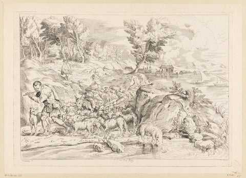 Landscape with a flock of sheep and a flute-playing shepherd in front, Anne Claude Philippe Caylus, 1702 - 1765 Canvas Print