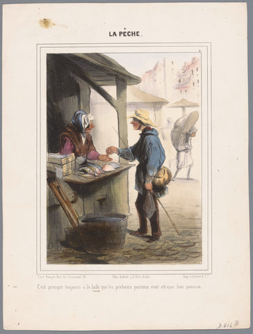 Visser buys fish in the market hall, Honoré Daumier, 1840 Canvas Print