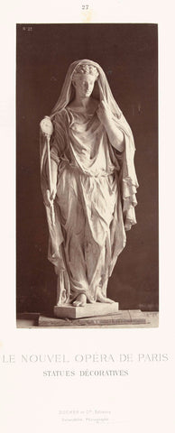 Marble statue of a veiled woman in a high-waisted dress with a staff in her right hand., Louis-Emile Durandelle, c. 1878 - 1881 Canvas Print