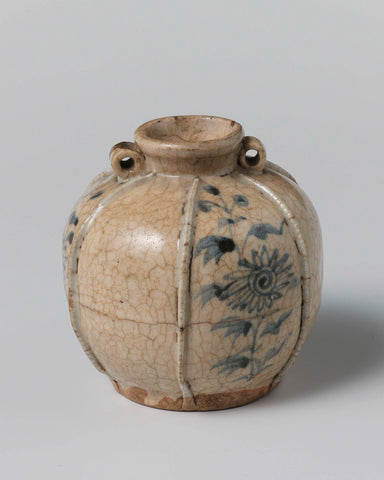 Jar with flower sprays and applied ribs on the sides, anonymous, c. 1300 - c. 1400 Canvas Print