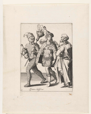 Three masked figures, one of them with a broom in which candles are inserted, anonymous, 1596 - 1635 Canvas Print