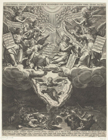 Proclamation to the shepherds by angelic choirs, Johann Sadeler (I), 1587 Canvas Print