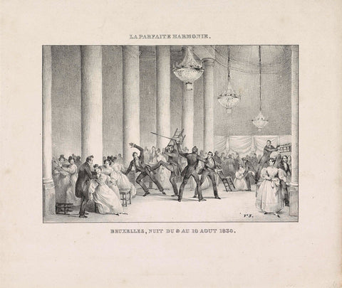 Fighting in a concert hall in Brussels, 1830, unknown, 1830 Canvas Print