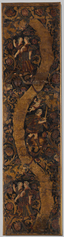 Part of a room screen covered with polychrome gilded leather with flower, fruit and leaf vines and mythological hunting representation, Jacob and Abraham The Crooned Son Hamer, 1630 - 1650 Canvas Print