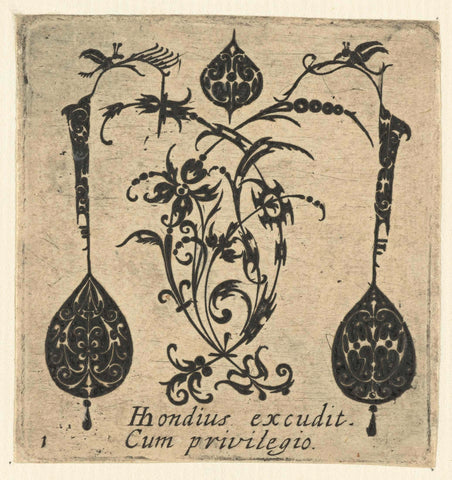 Tendrils with rollers and three ornaments, anonymous, 1612 Canvas Print