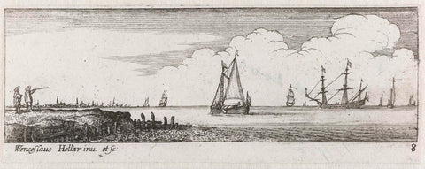 Men ashore pointing to ships on the water, Wenceslaus Hollar, 1627 - 1636 Canvas Print