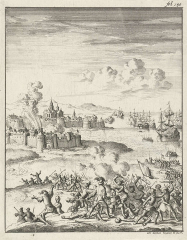 Melaka under the command of Cornelis Matelief the Younger besieged, 1606, Jan Luyken, 1683 Canvas Print