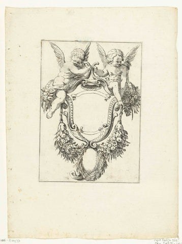 Cartouche with garlands and two seated putti, Agostino Mitelli, after 1619 - before 1642 Canvas Print