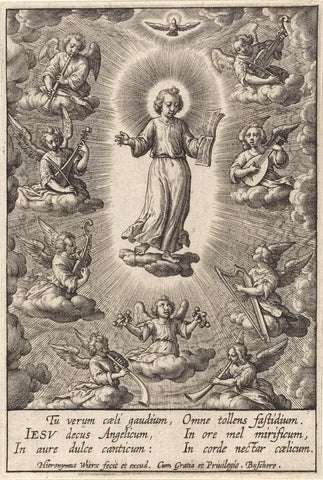 Christ child surrounded by angels making music, Hieronymus Wierix, 1563 - before 1619 Canvas Print