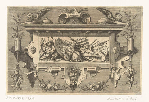 Cartouche with a weapon trophy in a scroll frame, above it two winged lions, Harmen Jansz Muller, 1564 Canvas Print